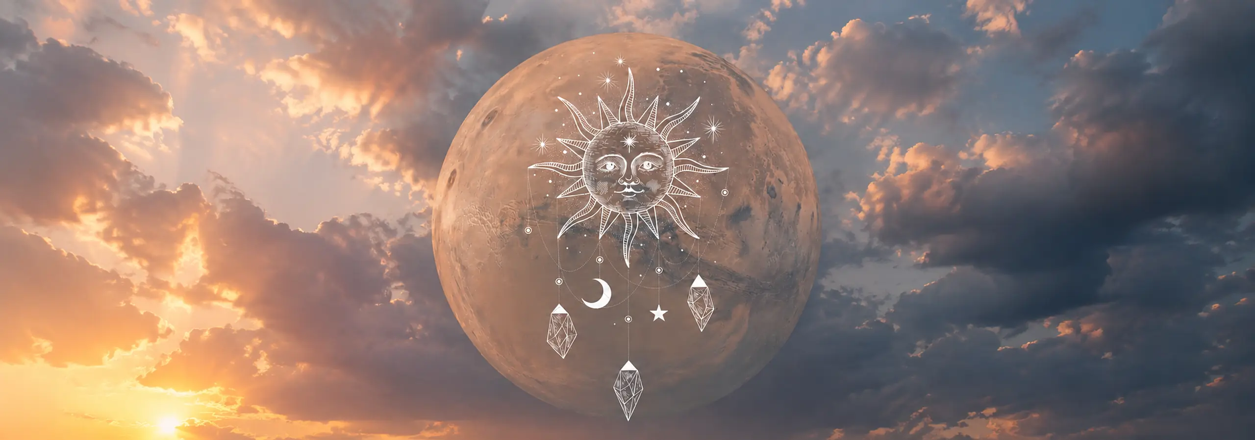 Un grand disque planétaire dans un ciel de couchant, portant une gravure au trait : soleil à visage.