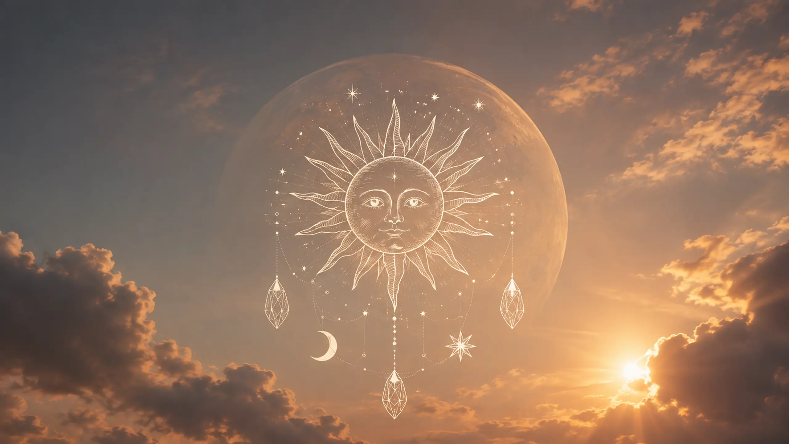 Un soleil à visage, gravé, suspendu à des cristaux devant un grand disque planétaire, dans un ciel de fin de journée.